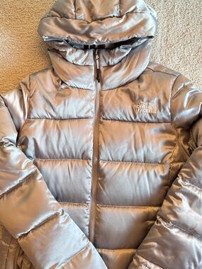 The North Face Women’s Metallic Silver Hooded Puffer Jacket